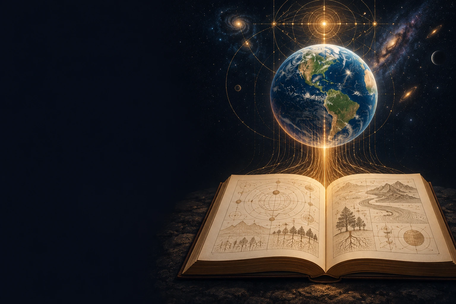 Creation's luminous blueprint flows through Gaia into the pages of an open book.